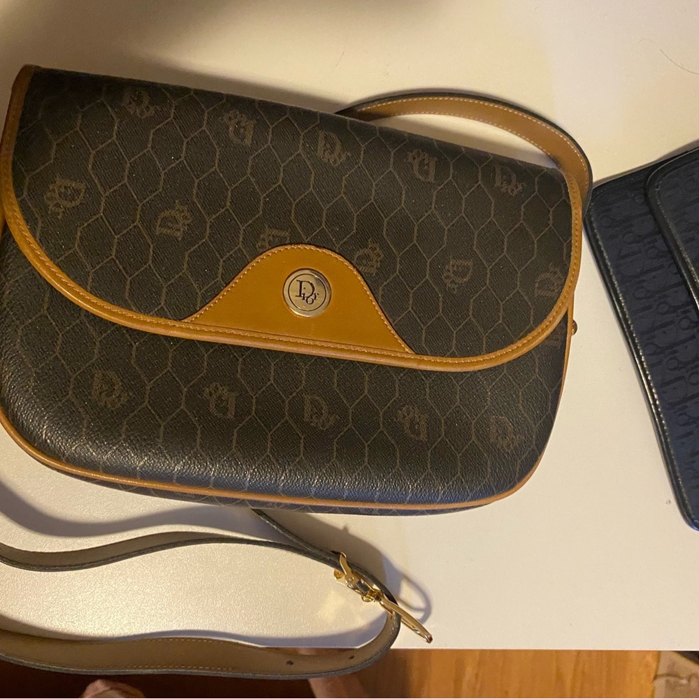 Authentic Dior Brown Canvas Monogram Shoulder Bag with Tan Trim